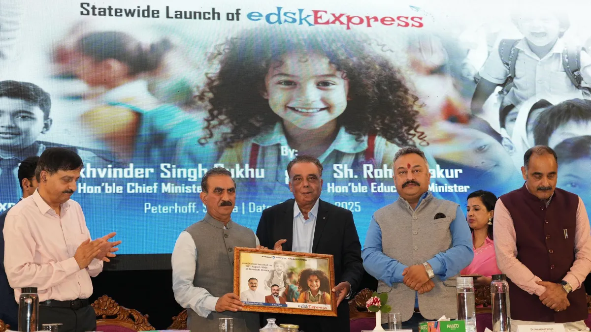 Himachal Pradesh Chief Minister Sukhvinder Singh Sukhu, Saurabh Tyagi, Chief Marketing Officer of Deepspatial, and other education officials and guests pose on stage holding a framed edskExpress poster during the statewide launch in Shimla